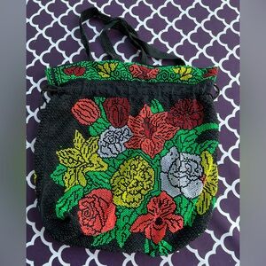 Women’s bucket  beaded black floral bag